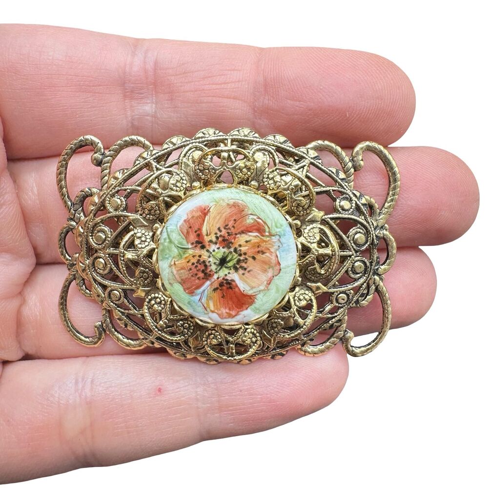 Vintage Painted Flower Brooch, Gold Tone Filigree
